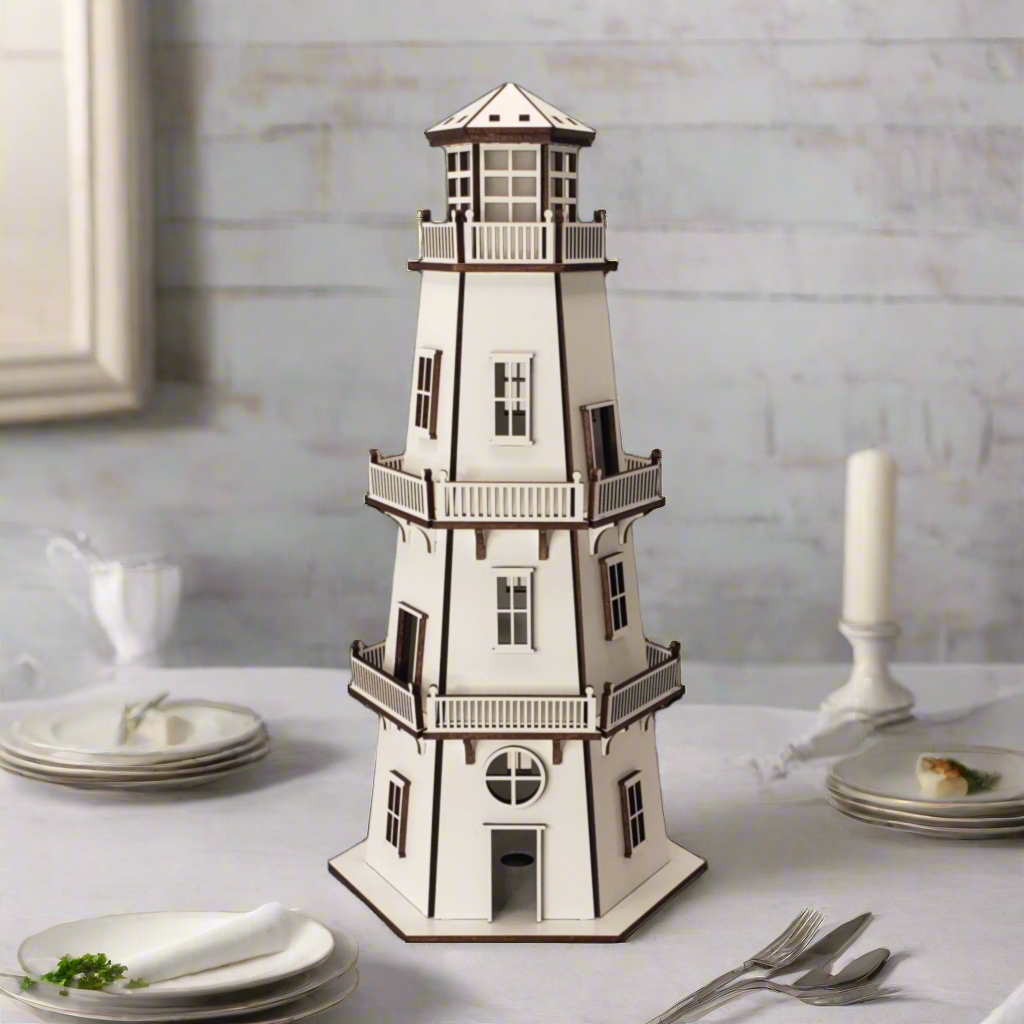 Premium Finish Lighthouse (11") w/LED Beacon Light - White/White
