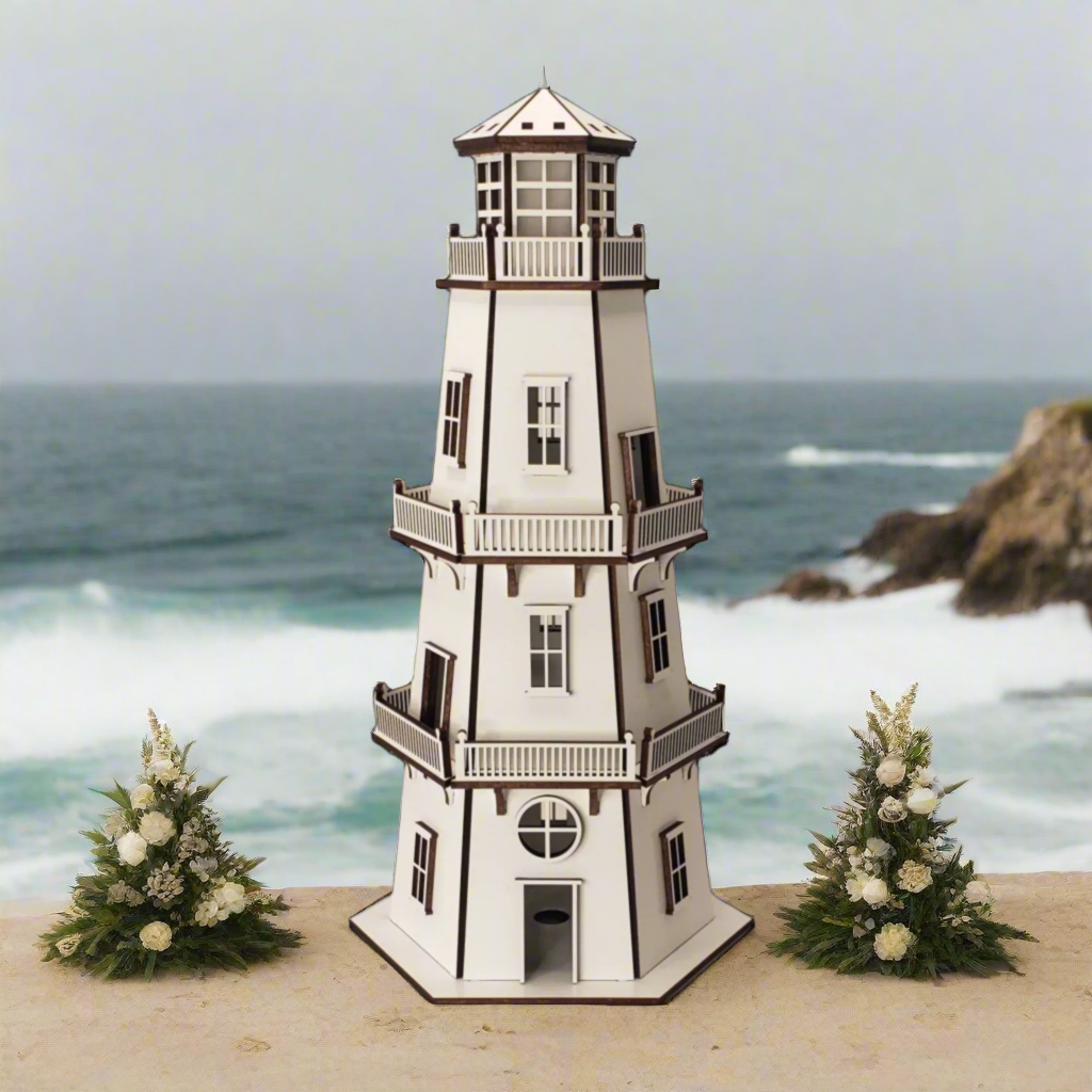 Premium Finish Lighthouse (11") w/LED Beacon Light - White/White