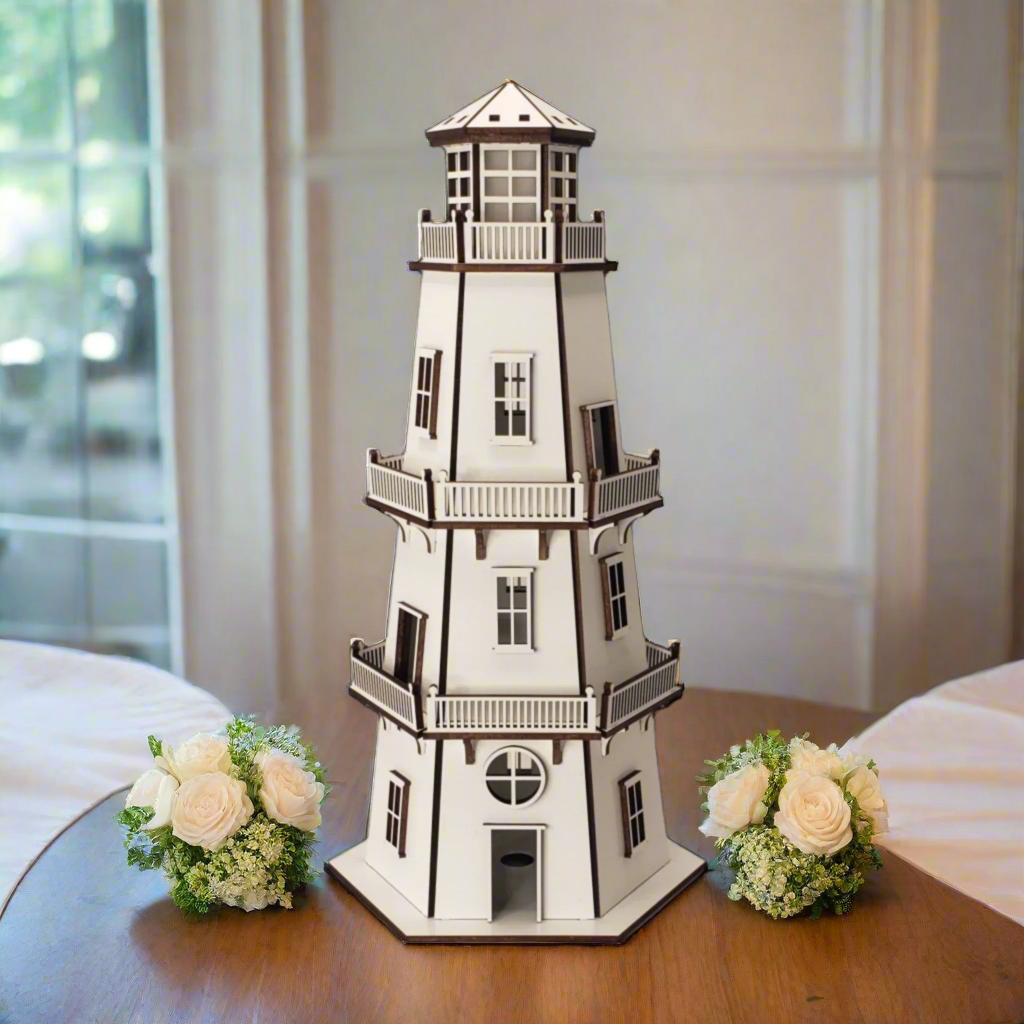 Premium Finish Lighthouse (11") w/LED Beacon Light - White/White