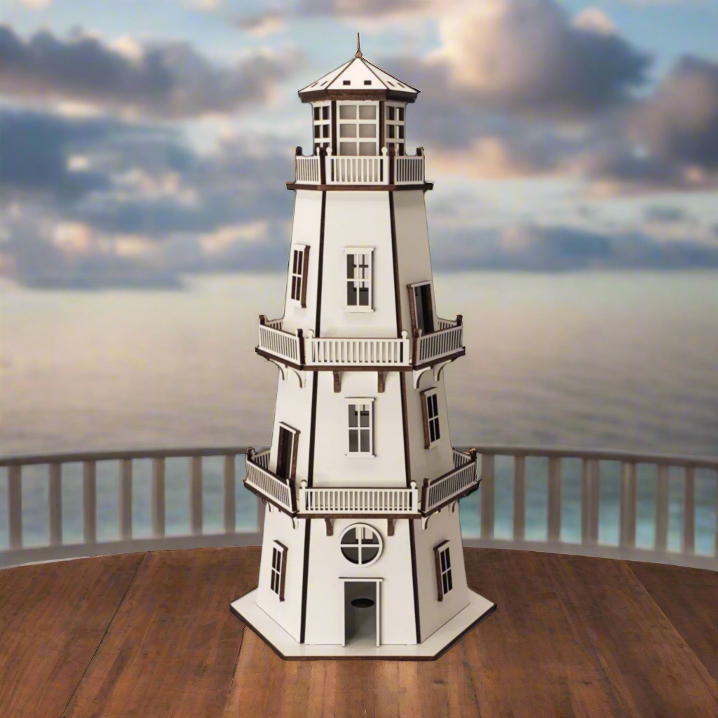 Premium Finish Lighthouse (11") w/LED Beacon Light - White/White