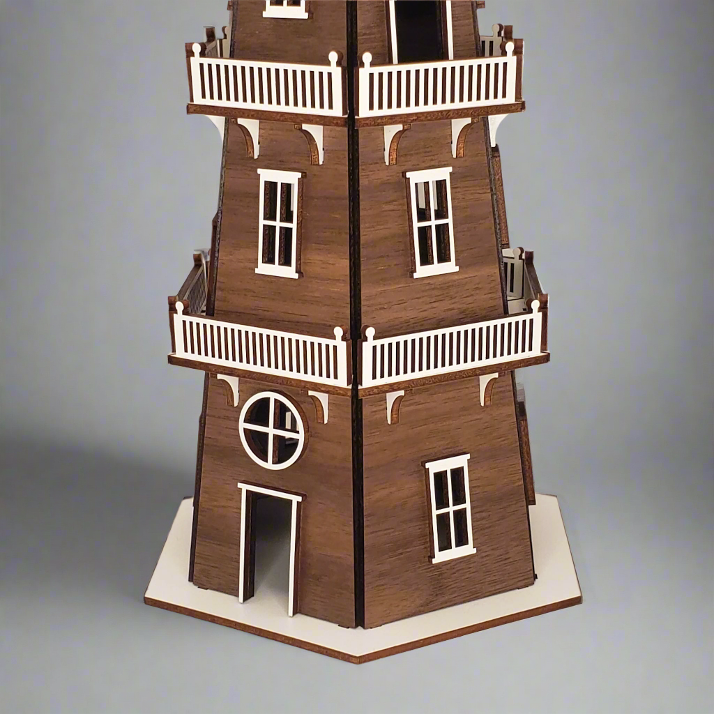 Walnut Veneer Premium Finish Lighthouse (11") w/White Trim & LED Light