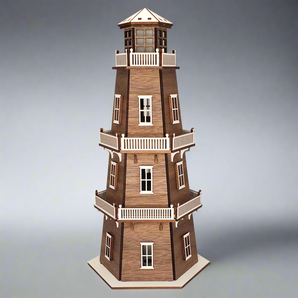 Walnut Veneer Premium Finish Lighthouse (11") w/White Trim & LED Light