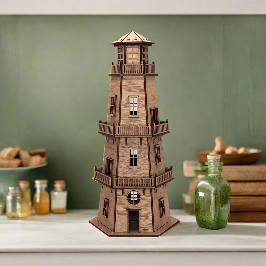 Walnut Veneer Lighthouse (11") - Natural Finish & LED Light