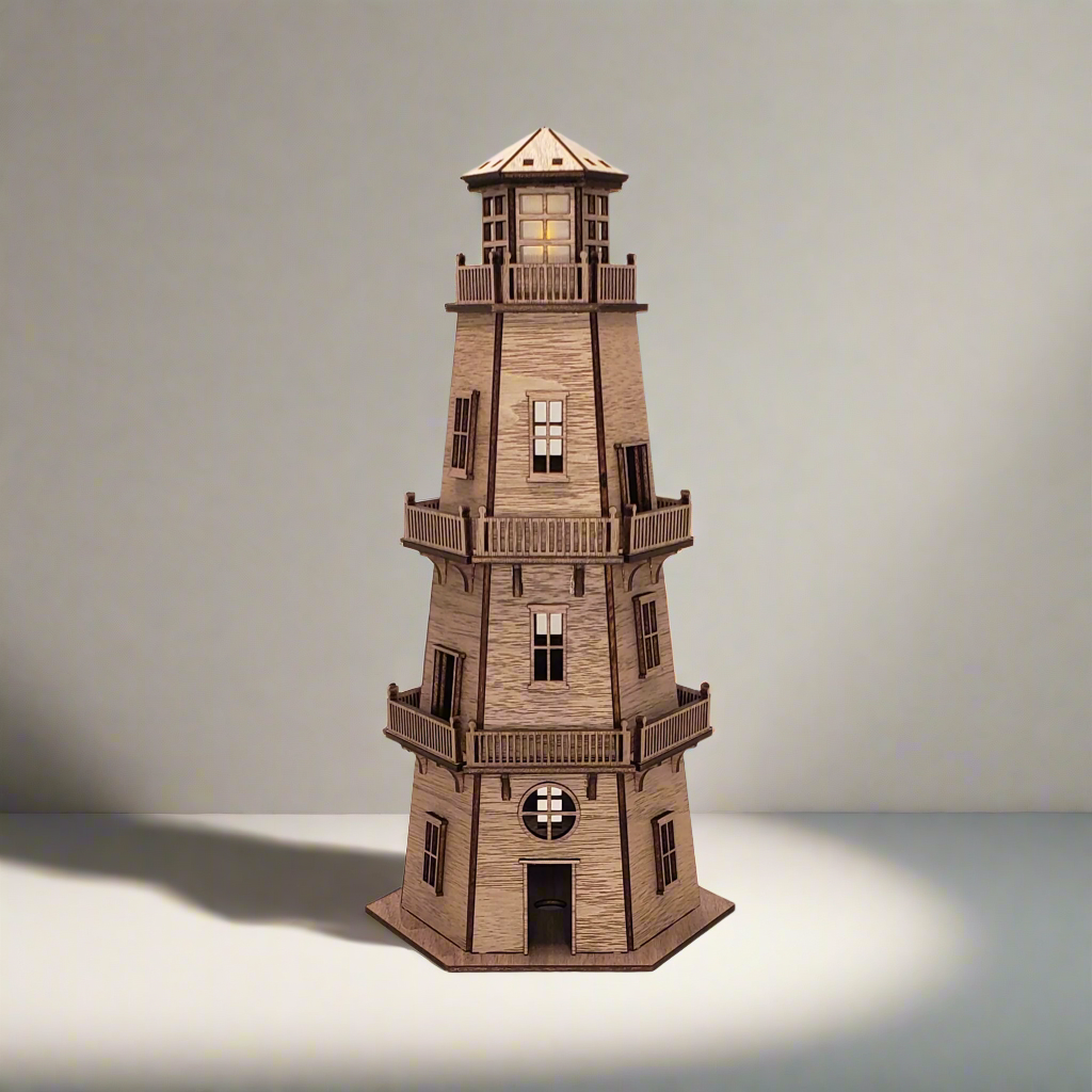 Walnut Veneer Lighthouse (11") - Natural Finish & LED Light