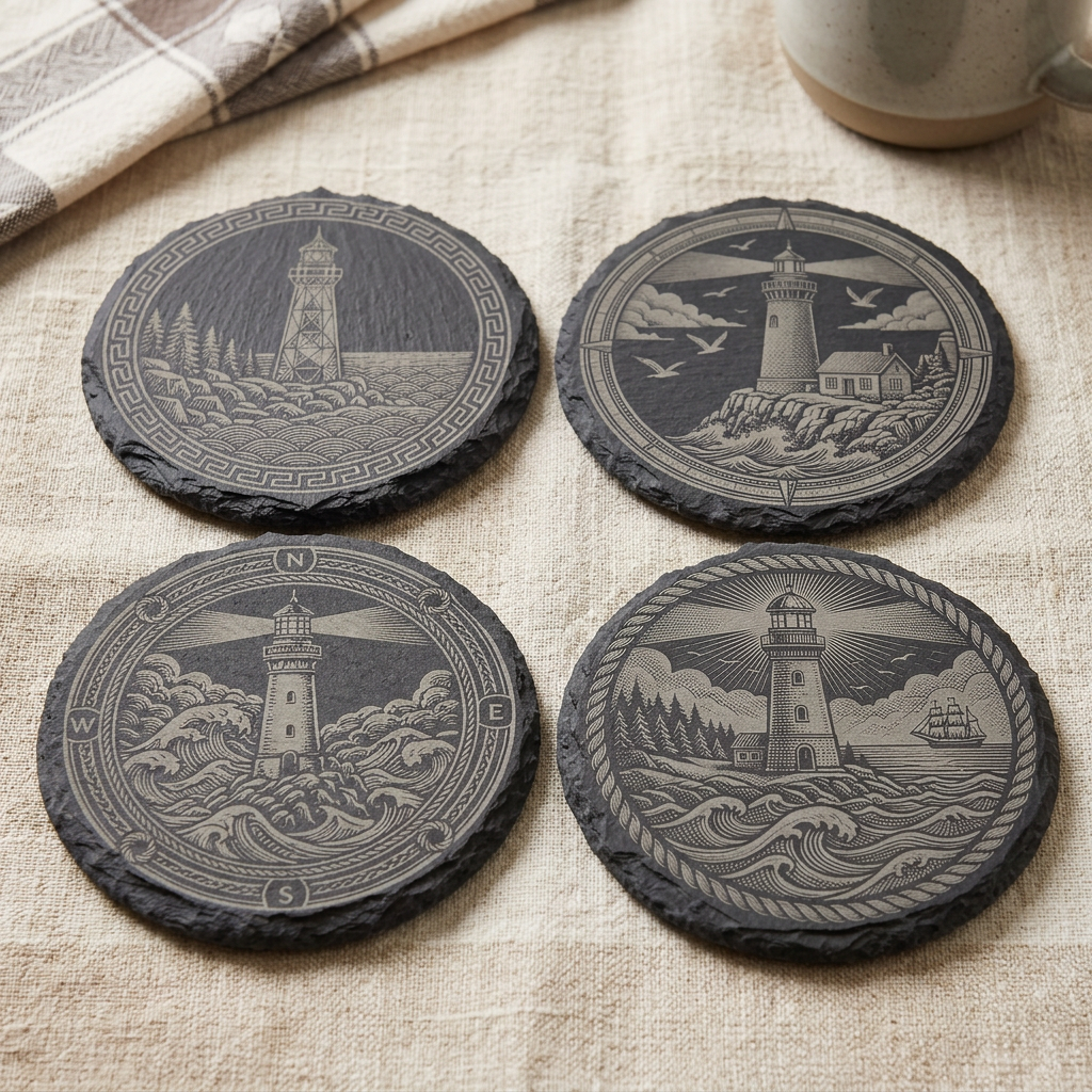 Nautical Lighthouse Slate Coaster Set (Qty 4) w/Holder
