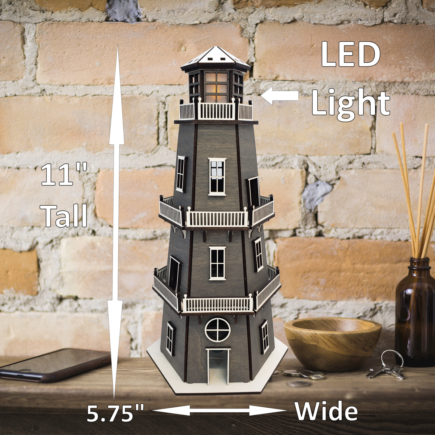 Premium Finish Lighthouse (11") w/LED Beacon Light
