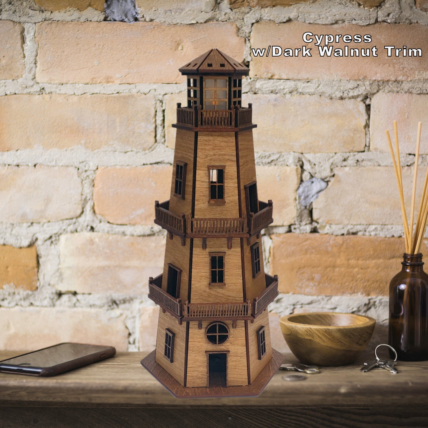 Premium Finish Lighthouse (11") w/LED Beacon Light - Cypress/Dark Walnut