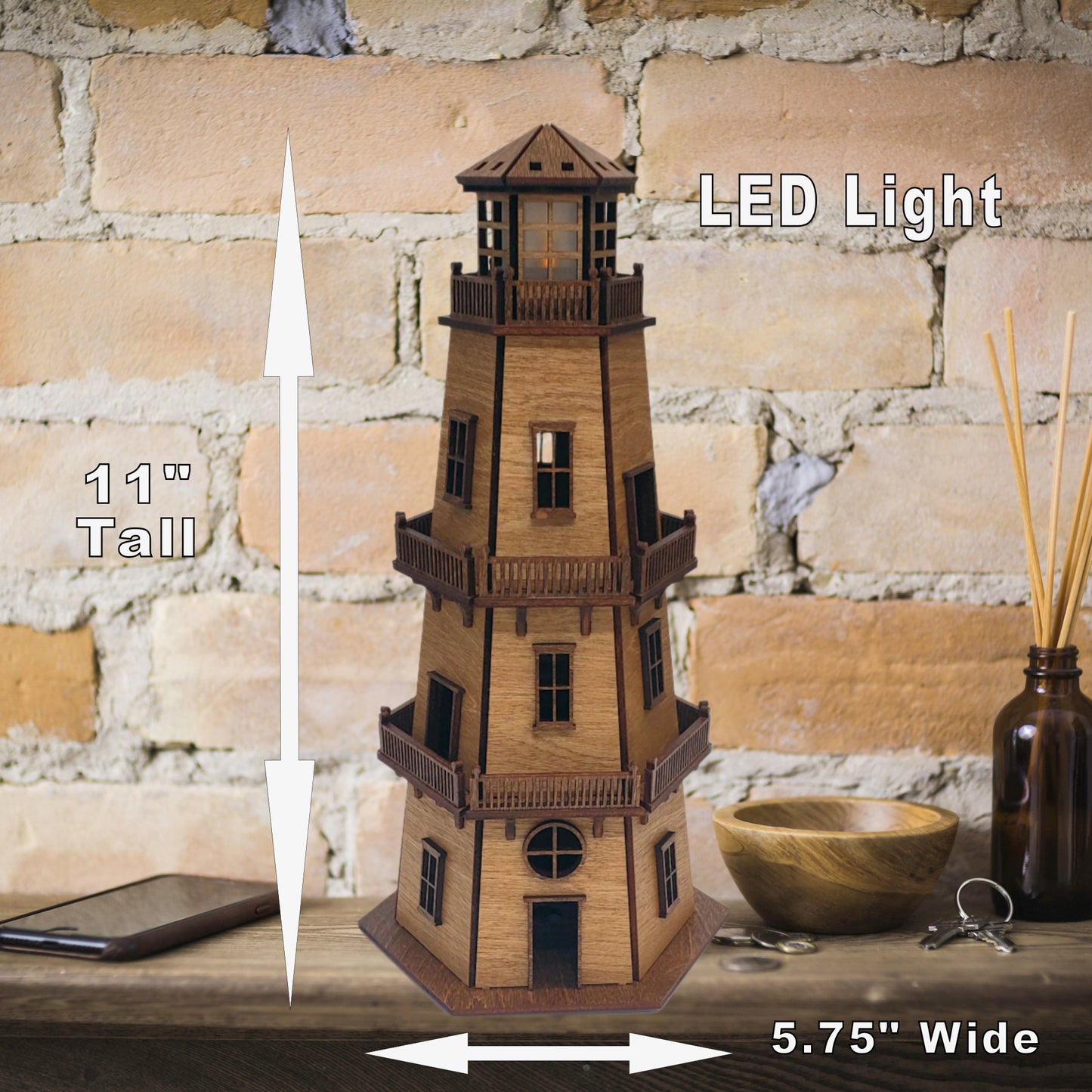 Premium Finish Lighthouse (11") w/LED Beacon Light - Cypress/Dark Walnut