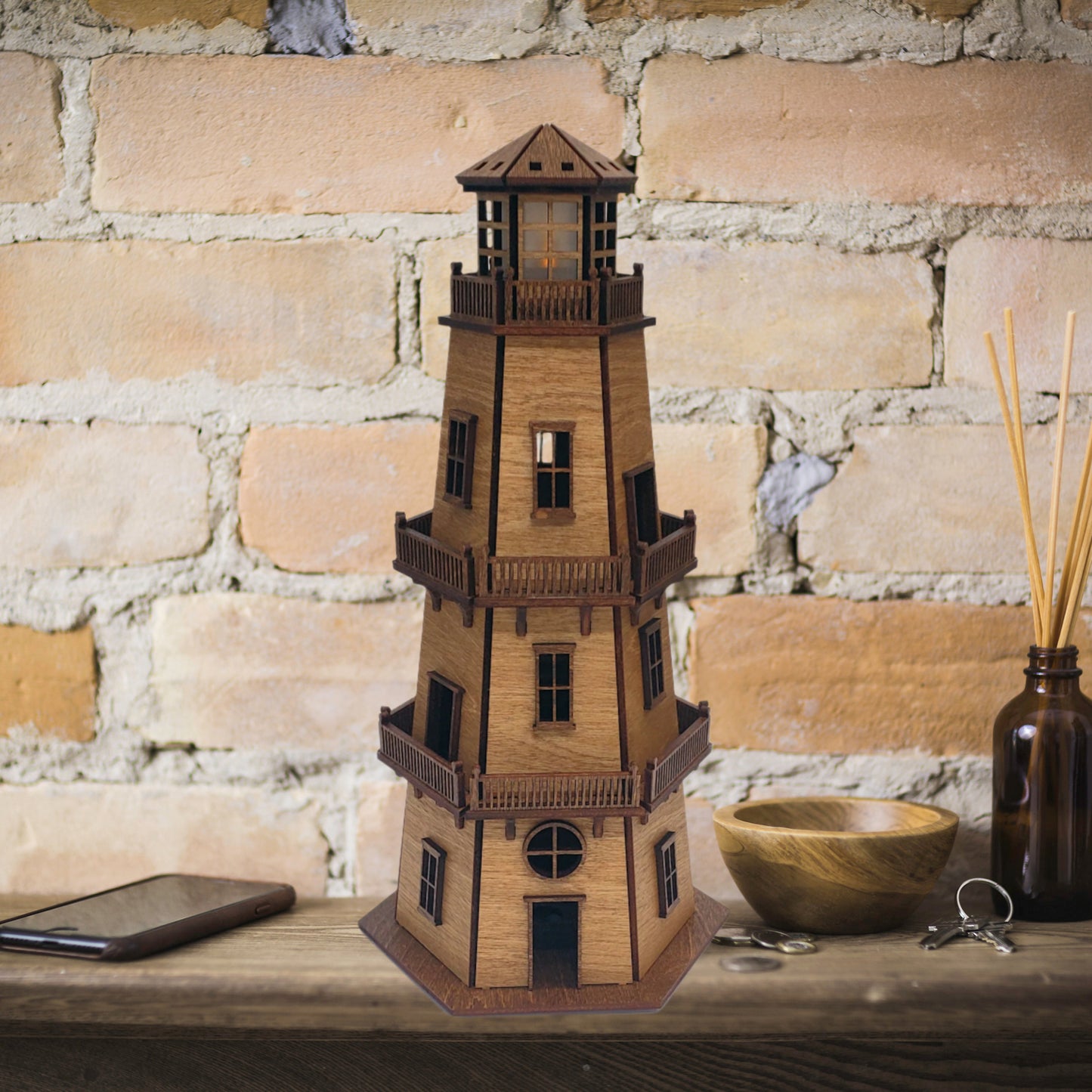 Premium Finish Lighthouse (11") w/LED Beacon Light - Cypress/Dark Walnut