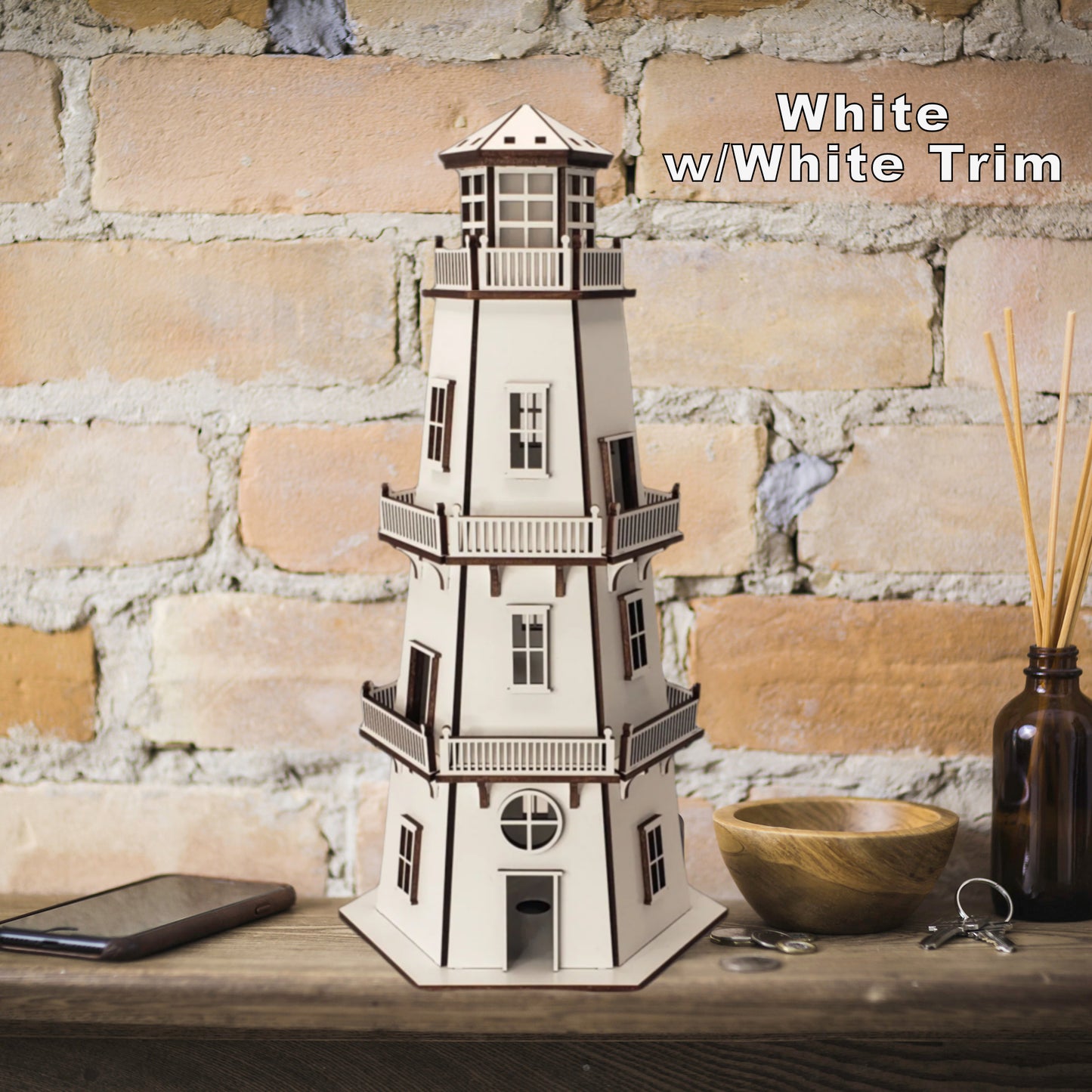 Premium Finish Lighthouse (11") w/LED Beacon Light - White/White