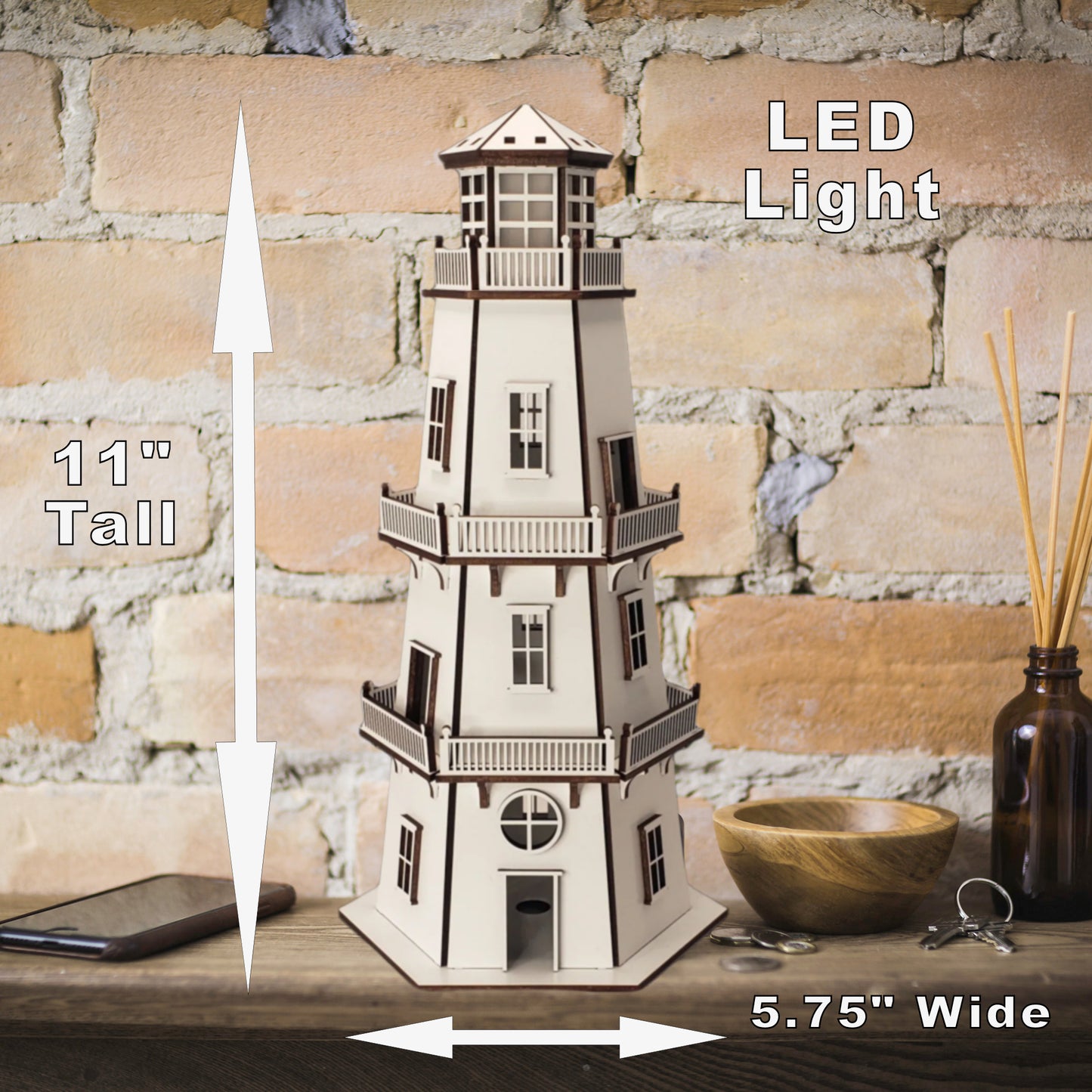 Premium Finish Lighthouse (11") w/LED Beacon Light - White/White
