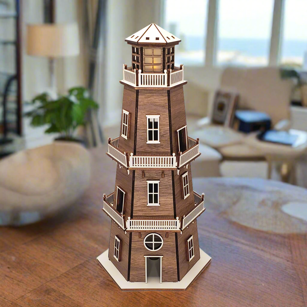 Walnut Veneer Premium Finish Lighthouse (11") w/White Trim & LED Light
