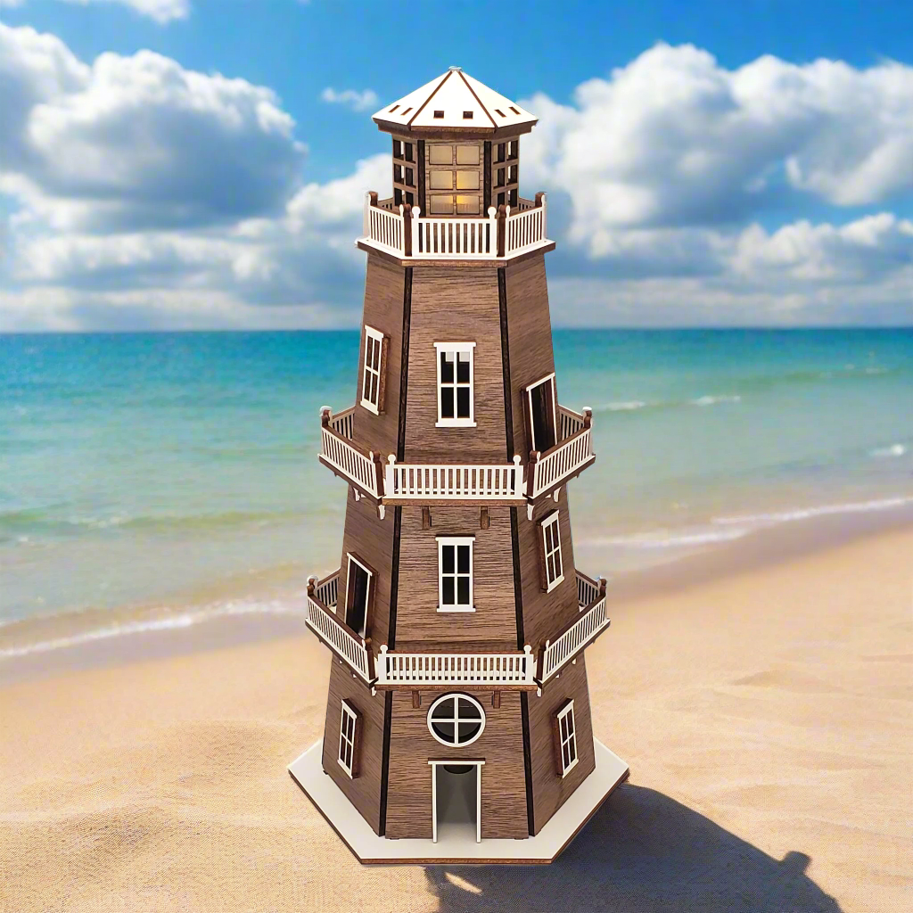 Walnut Veneer Premium Finish Lighthouse (11") w/White Trim & LED Light