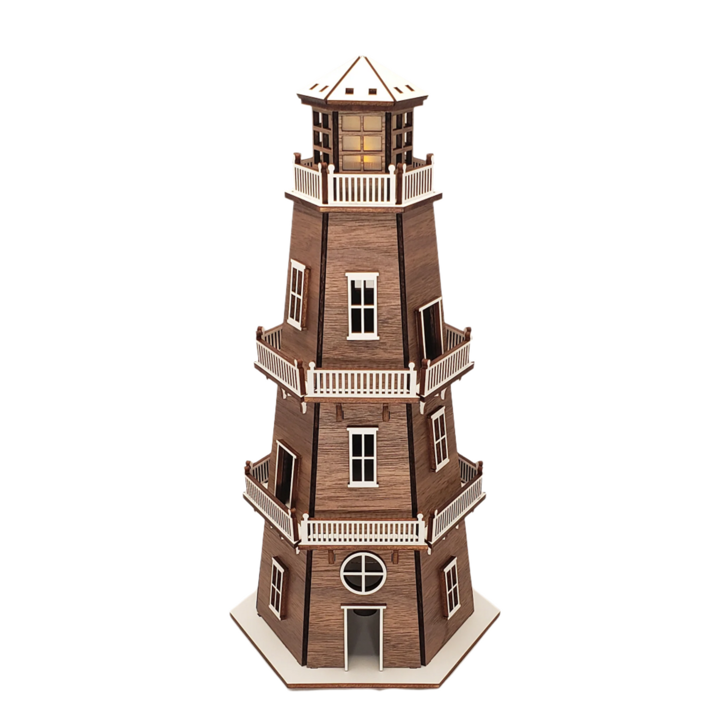 Walnut Veneer Premium Finish Lighthouse (11") w/White Trim & LED Light