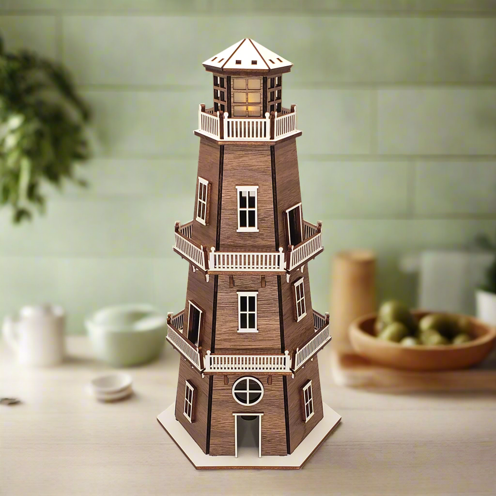 Walnut Veneer Premium Finish Lighthouse (11") w/White Trim & LED Light