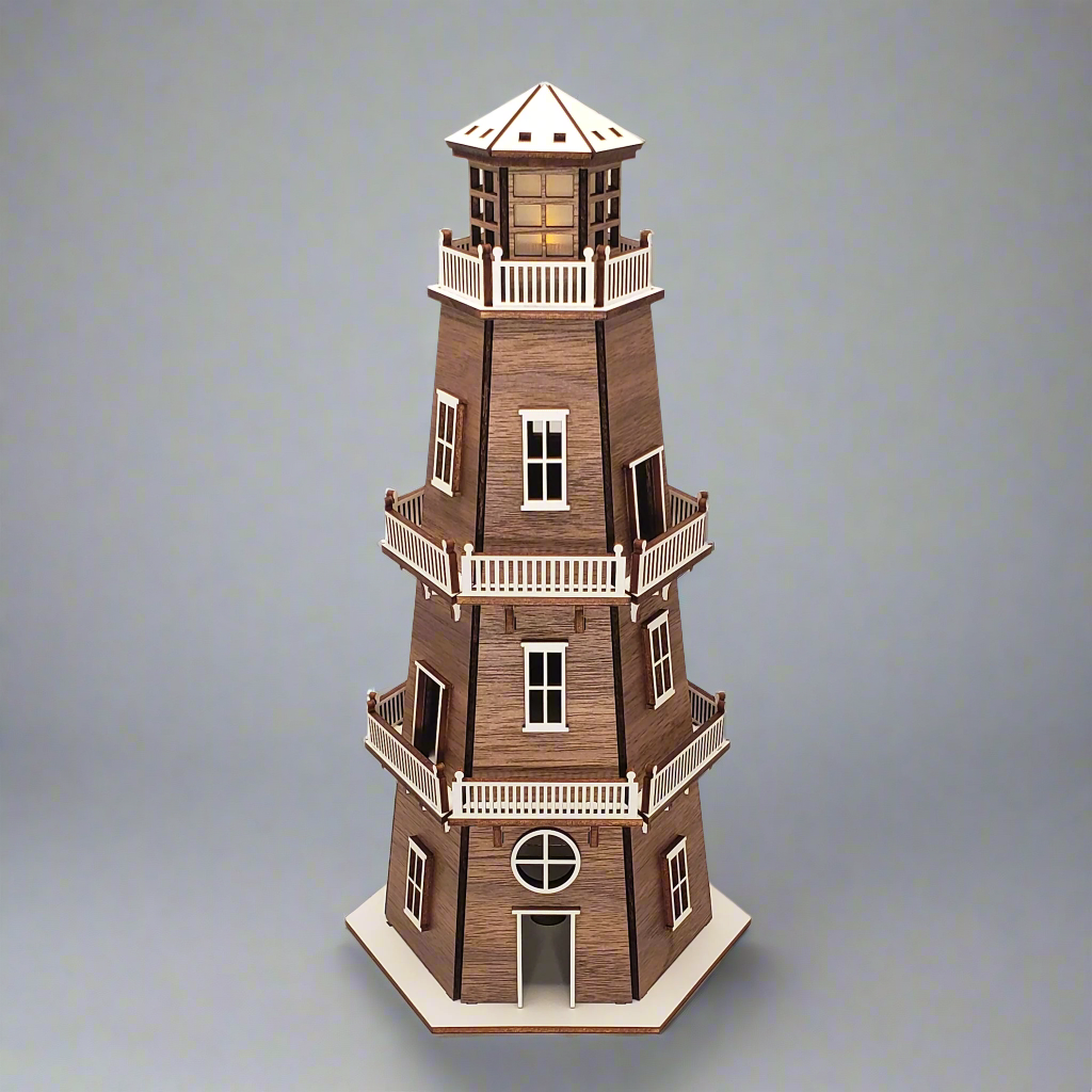 Walnut Veneer Premium Finish Lighthouse (11") w/White Trim & LED Light