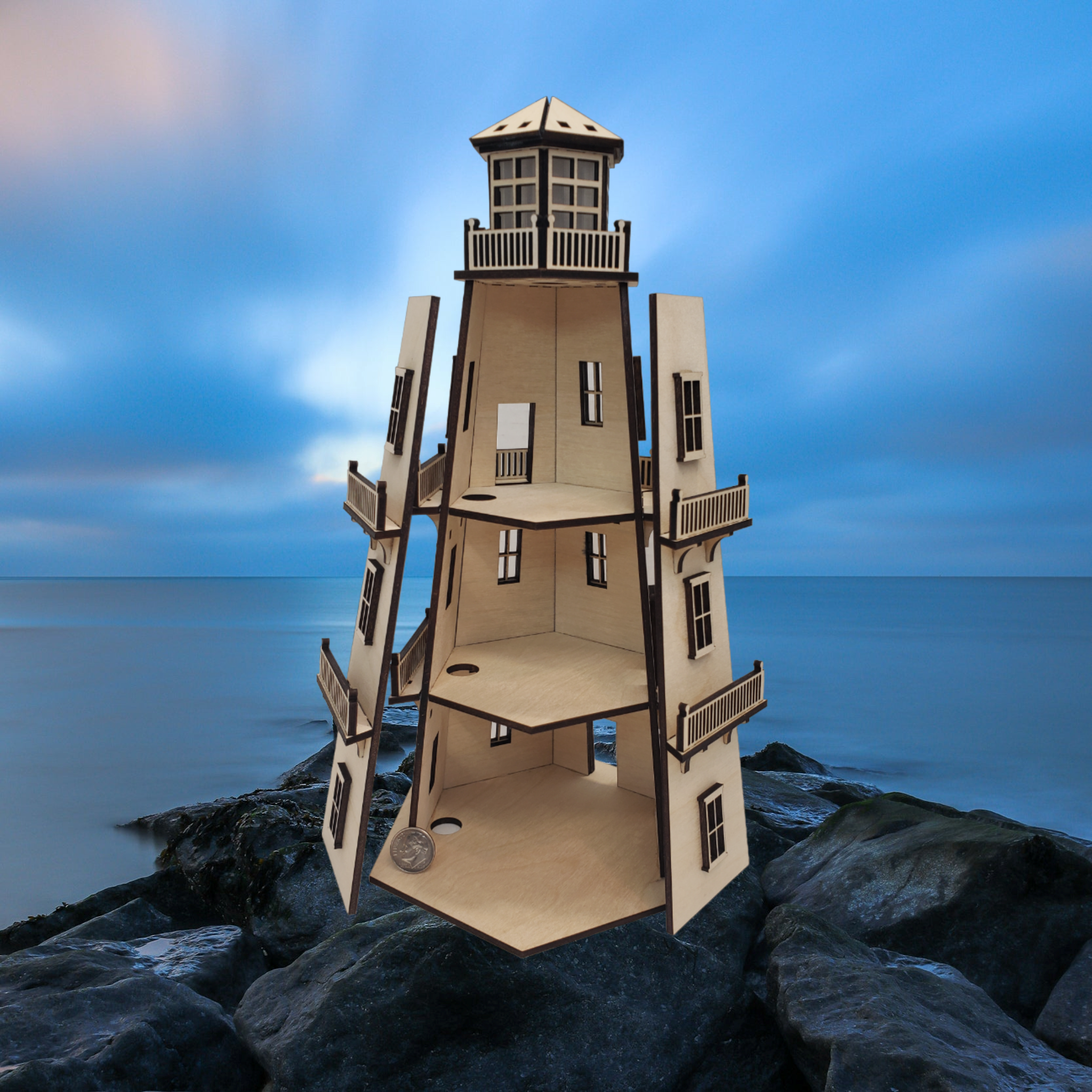 Dollhouse Lighthouse (11") w/LED Beacon Light - 2 Removable Wall Panel ...