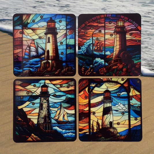 Stained Glass Style Lighthouse Drink Coaster Set