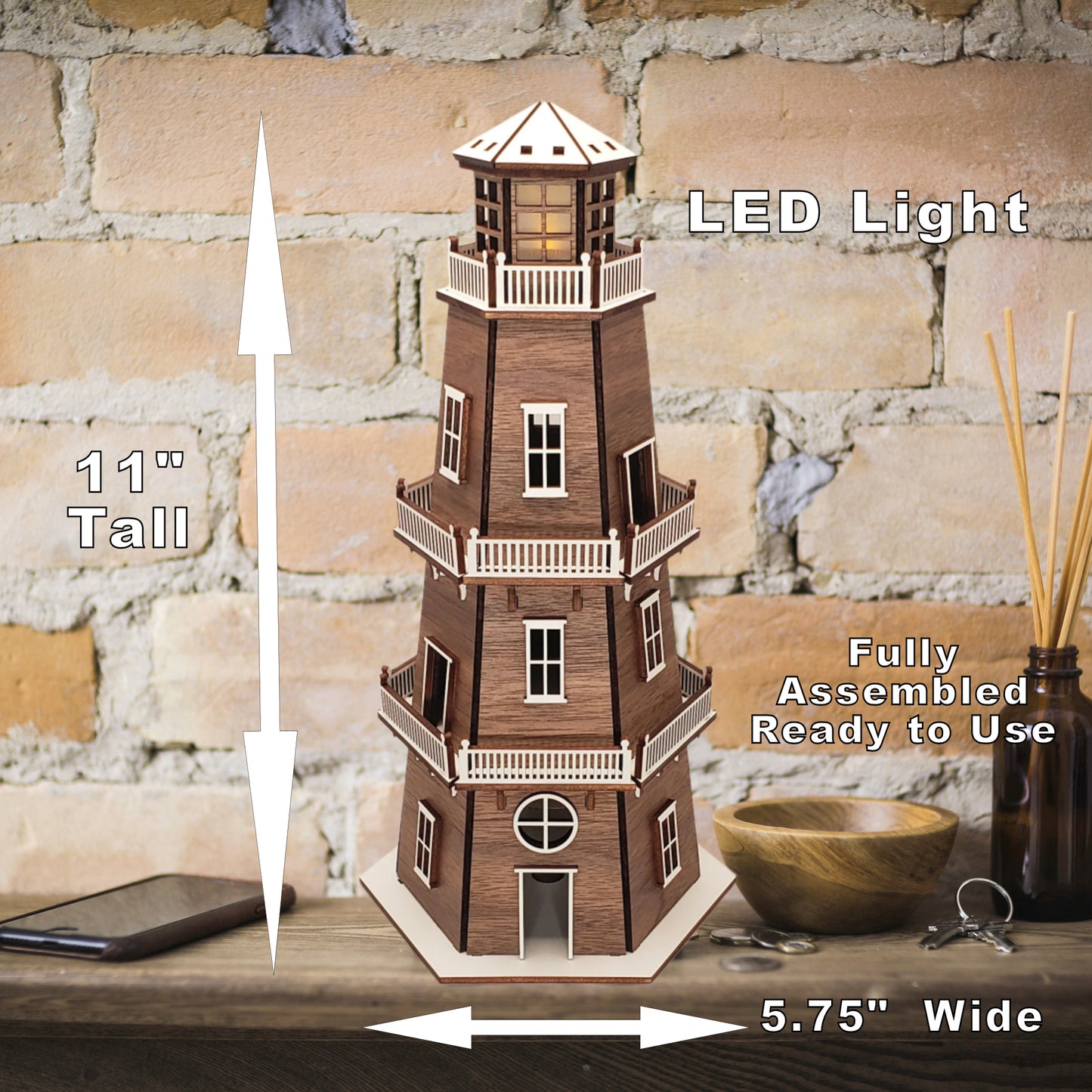 Walnut Veneer Premium Finish Lighthouse (11") w/White Trim & LED Light