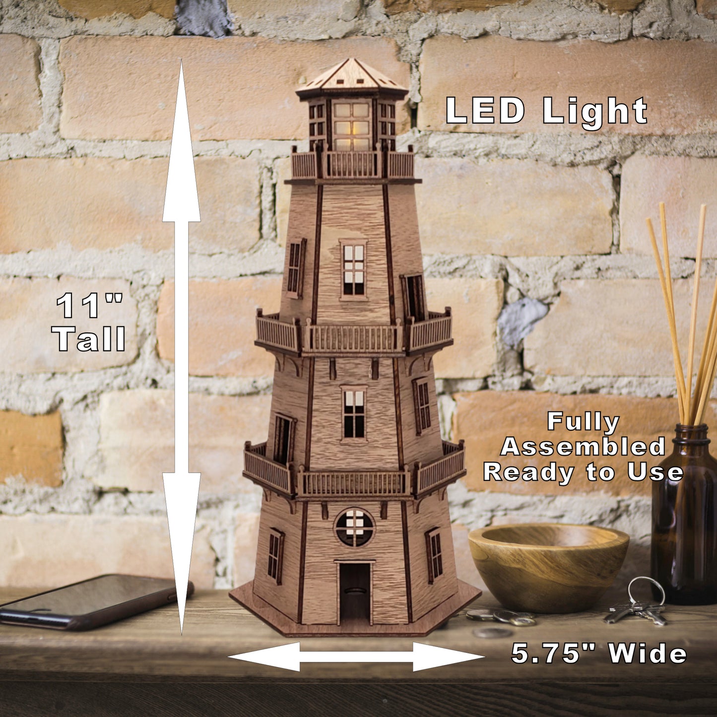 Walnut Veneer Lighthouse (11") - Natural Finish & LED Light