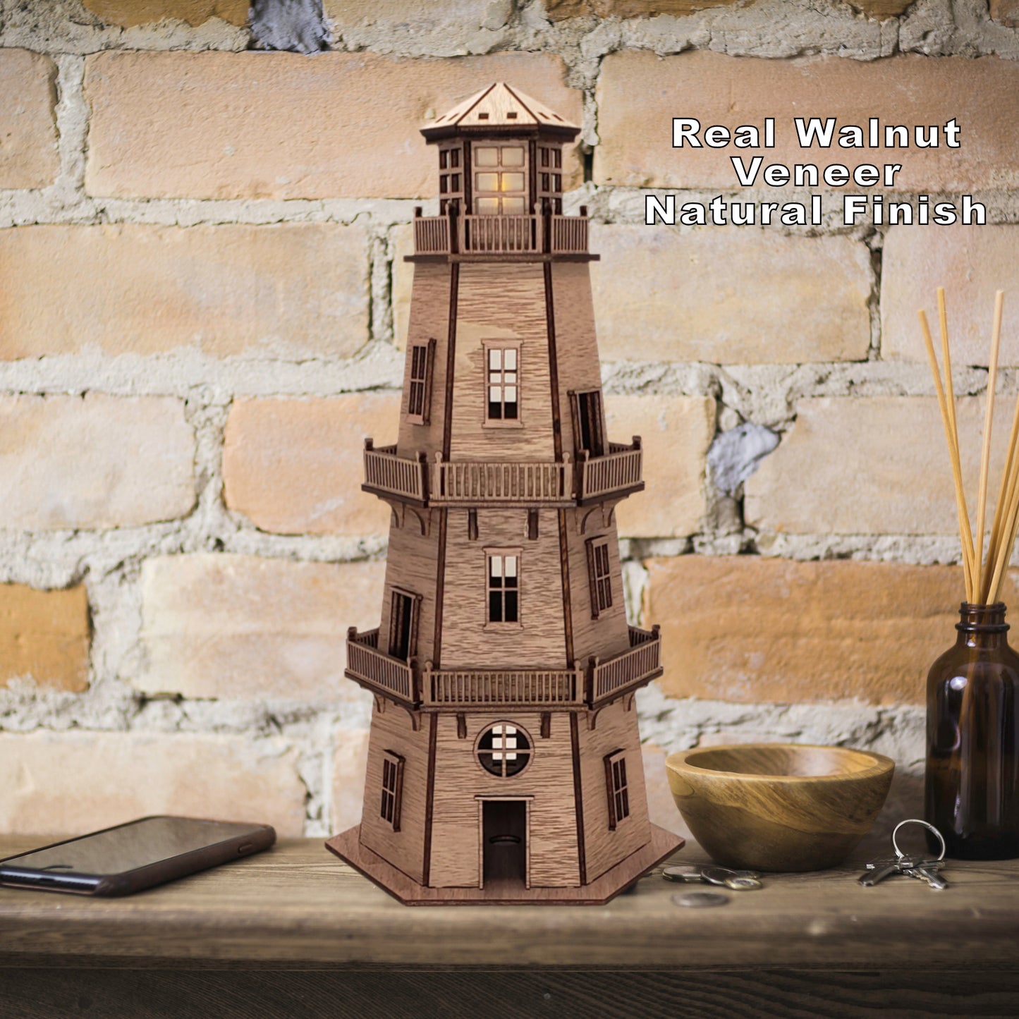 Walnut Veneer Lighthouse (11") - Natural Finish & LED Light