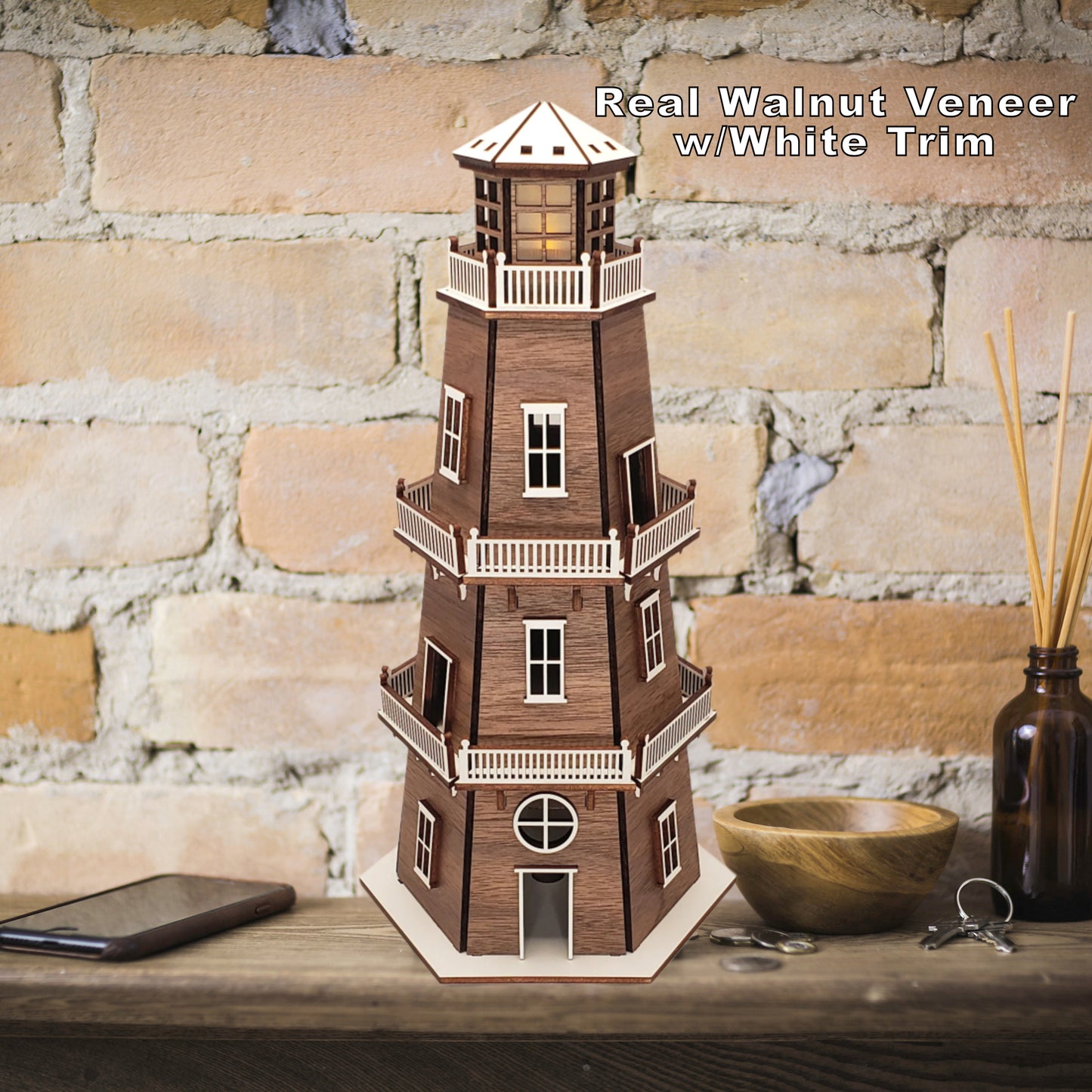 Walnut Veneer Premium Finish Lighthouse (11") w/White Trim & LED Light