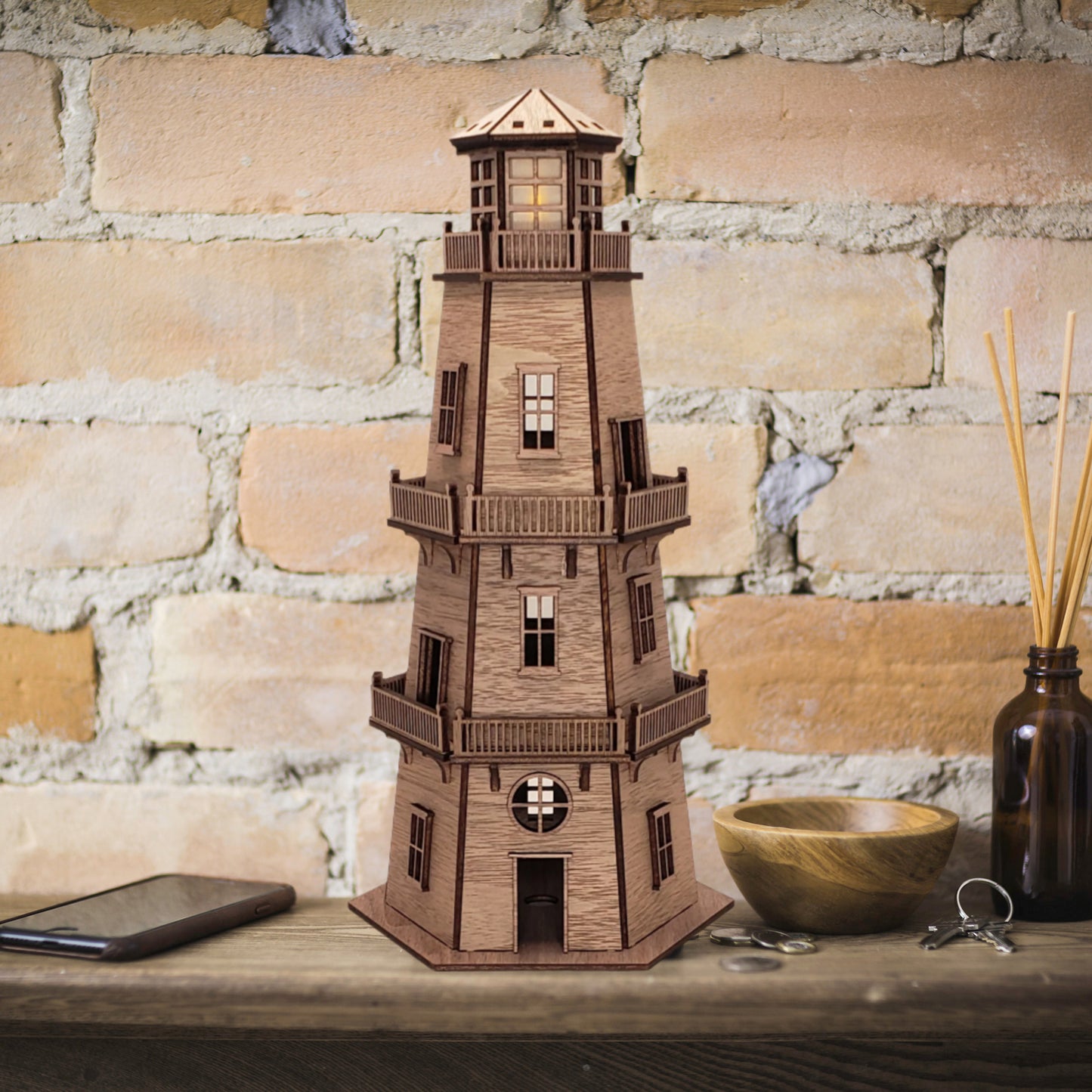 Walnut Veneer Lighthouse (11") - Natural Finish & LED Light