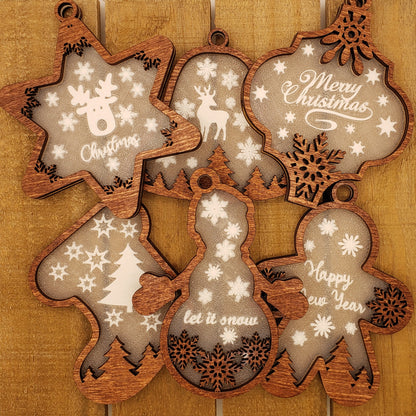 Wood Layered Frosted Christmas Ornaments