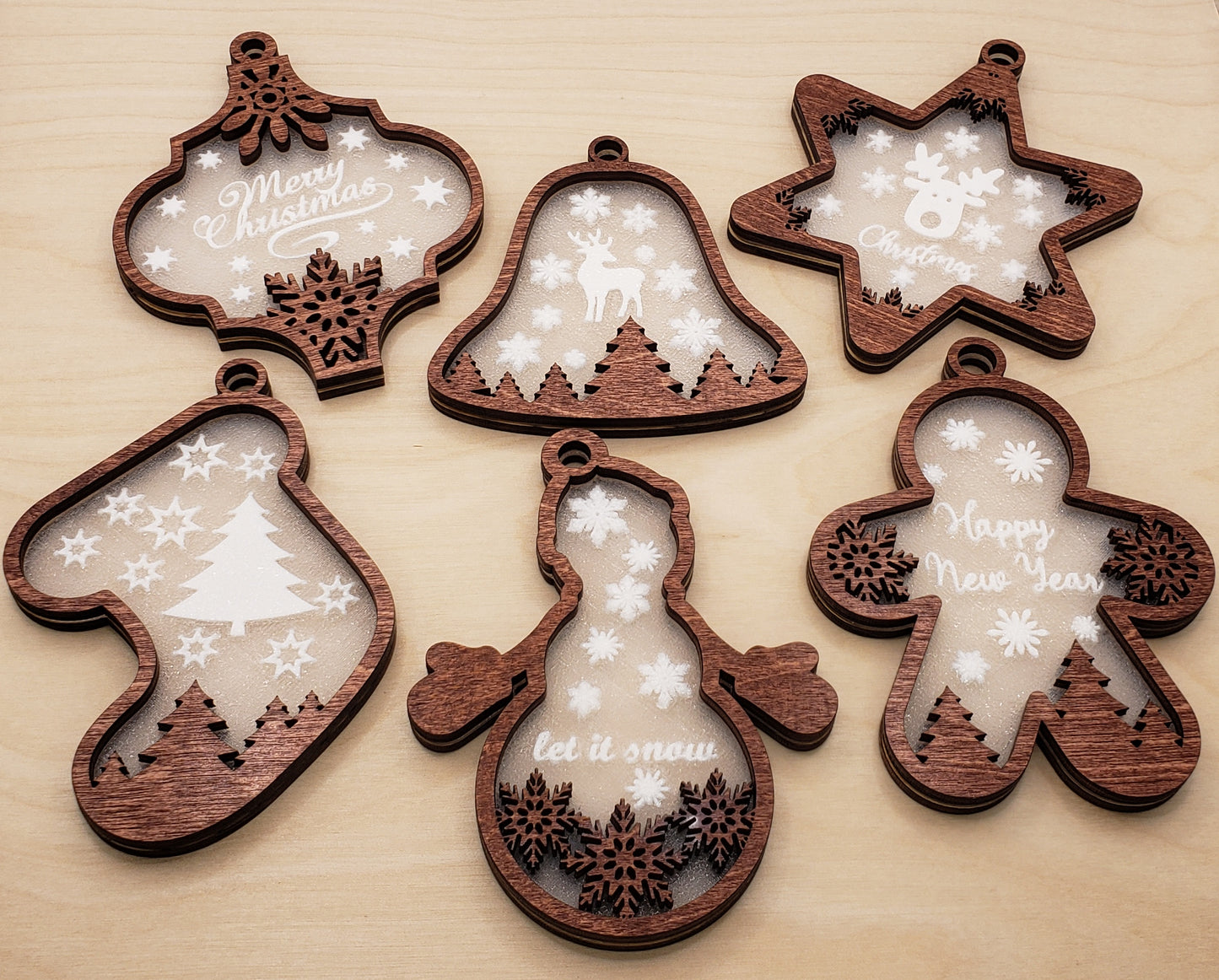 Wood Layered Frosted Christmas Ornaments