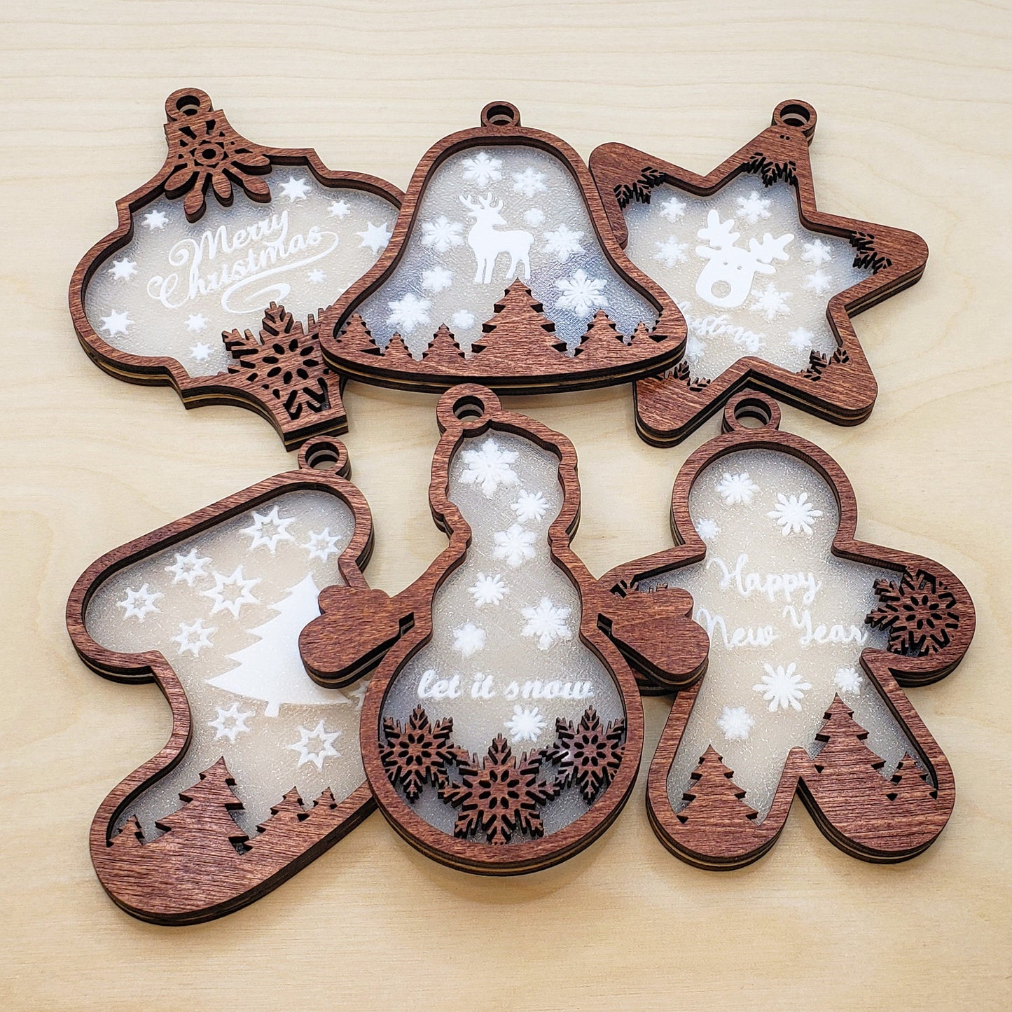 Wood Layered Frosted Christmas Ornaments