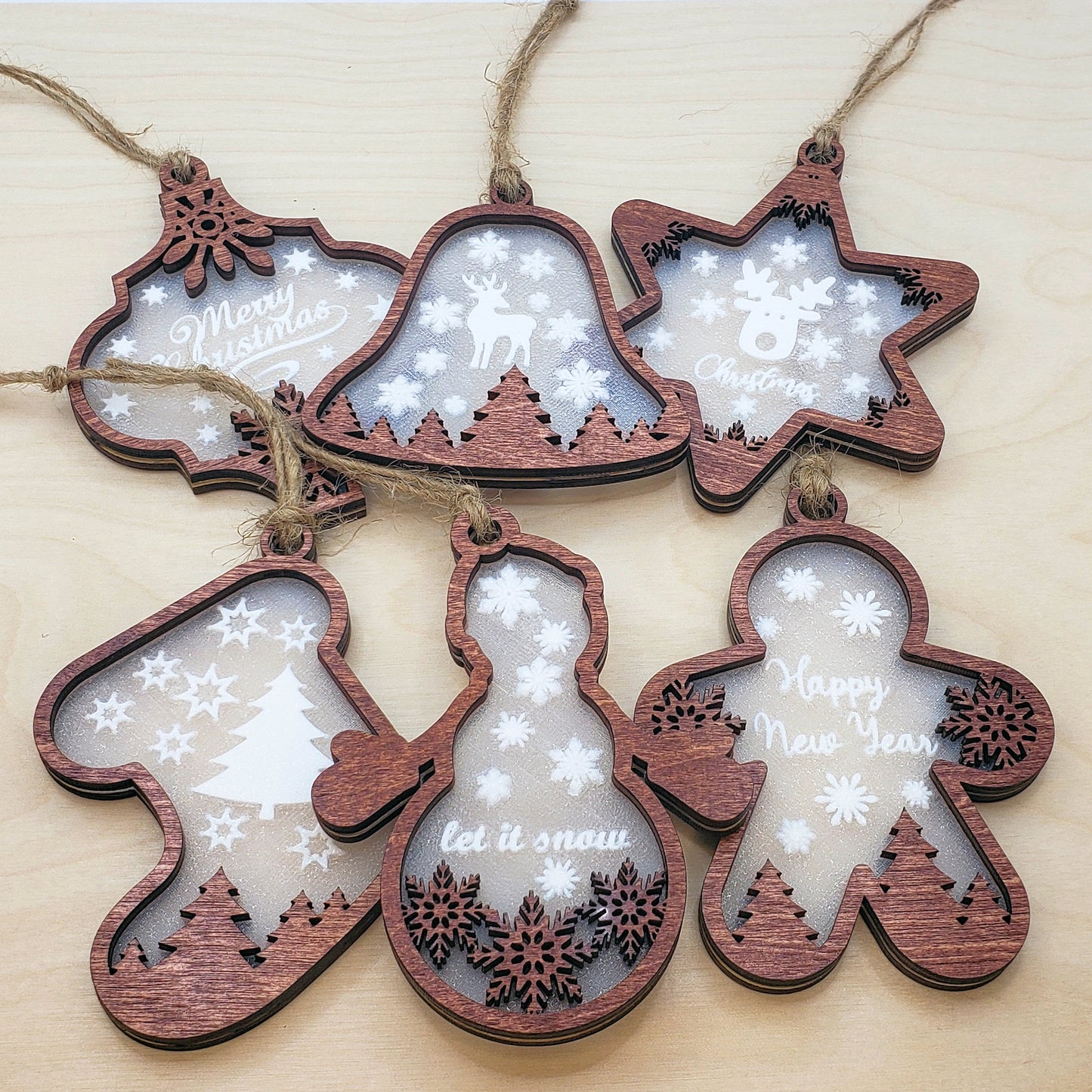 Wood Layered Frosted Christmas Ornaments