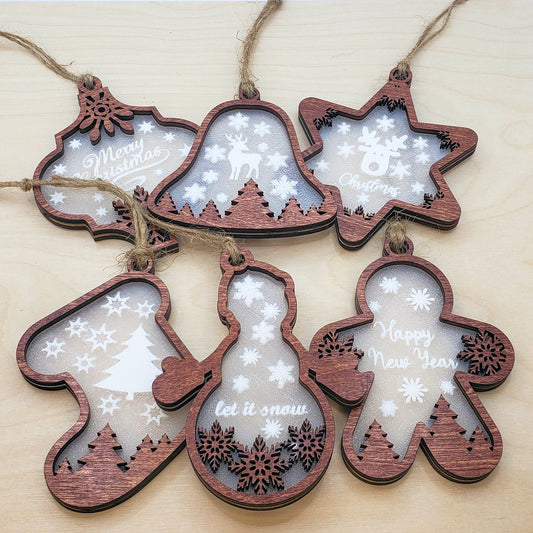 Wood Layered Frosted Christmas Ornaments