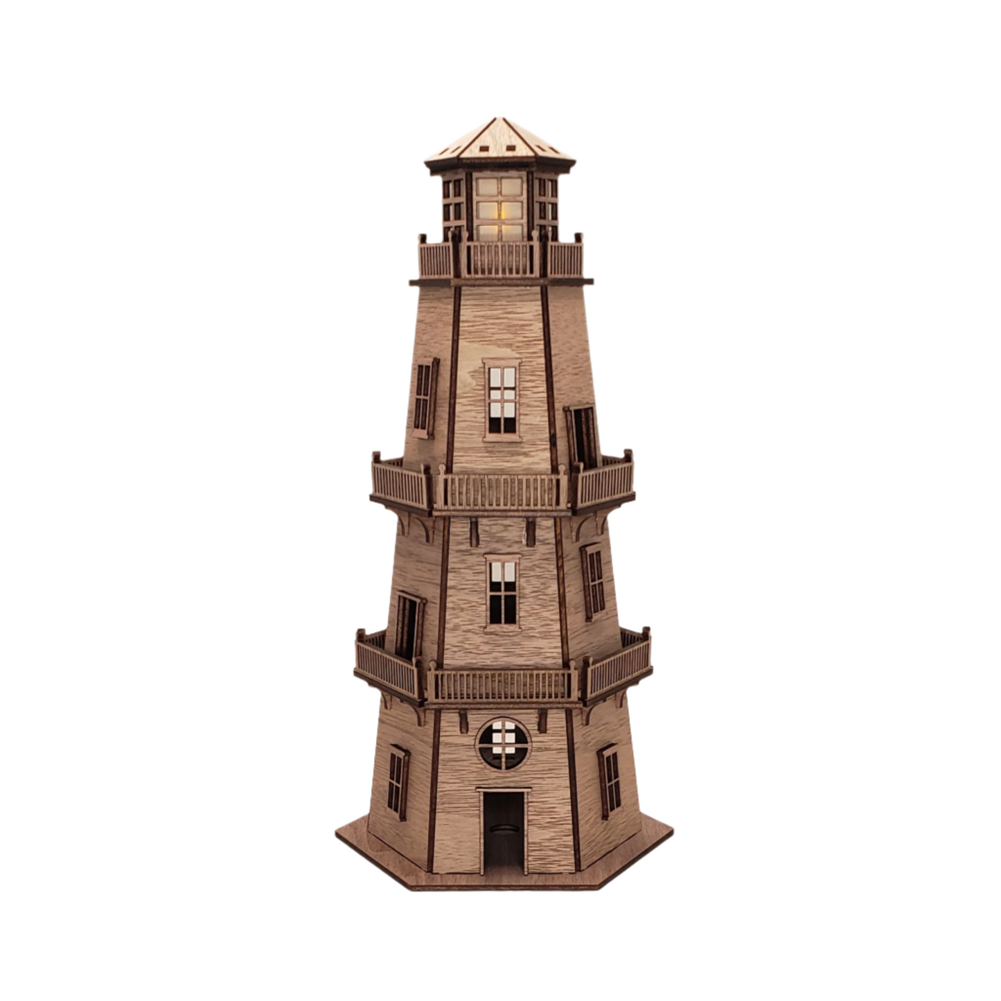 Walnut Veneer Lighthouse (11") - Natural Finish & LED Light