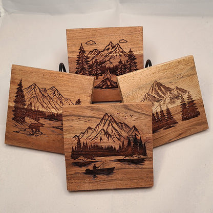 Mountain Scenes Wood Drink Coaster Set (4)