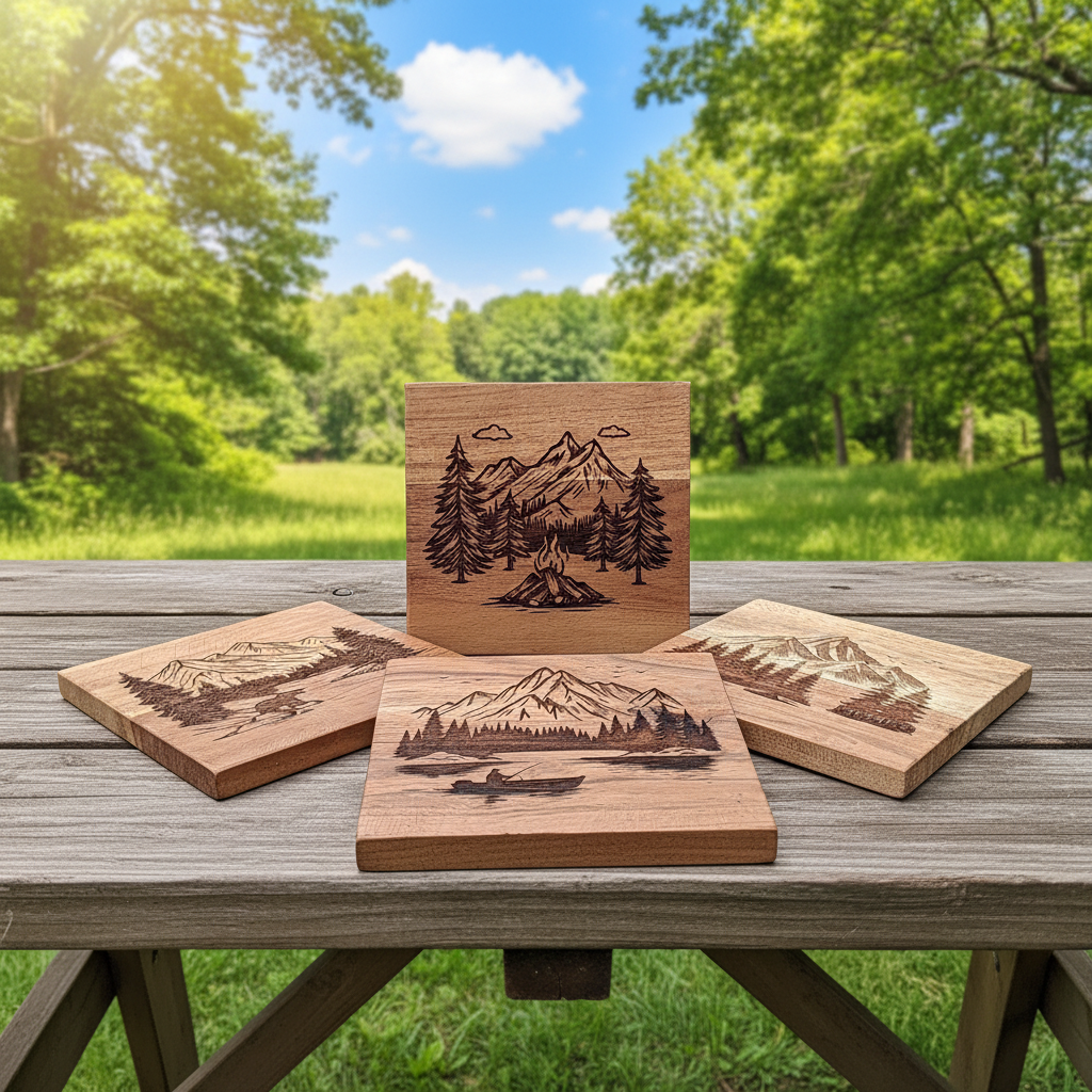 Mountain Scenes Wood Drink Coaster Set (4)