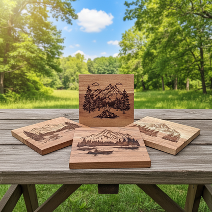 Mountain Scenes Wood Drink Coaster Set (4)