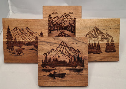 Mountain Scenes Wood Drink Coaster Set (4)
