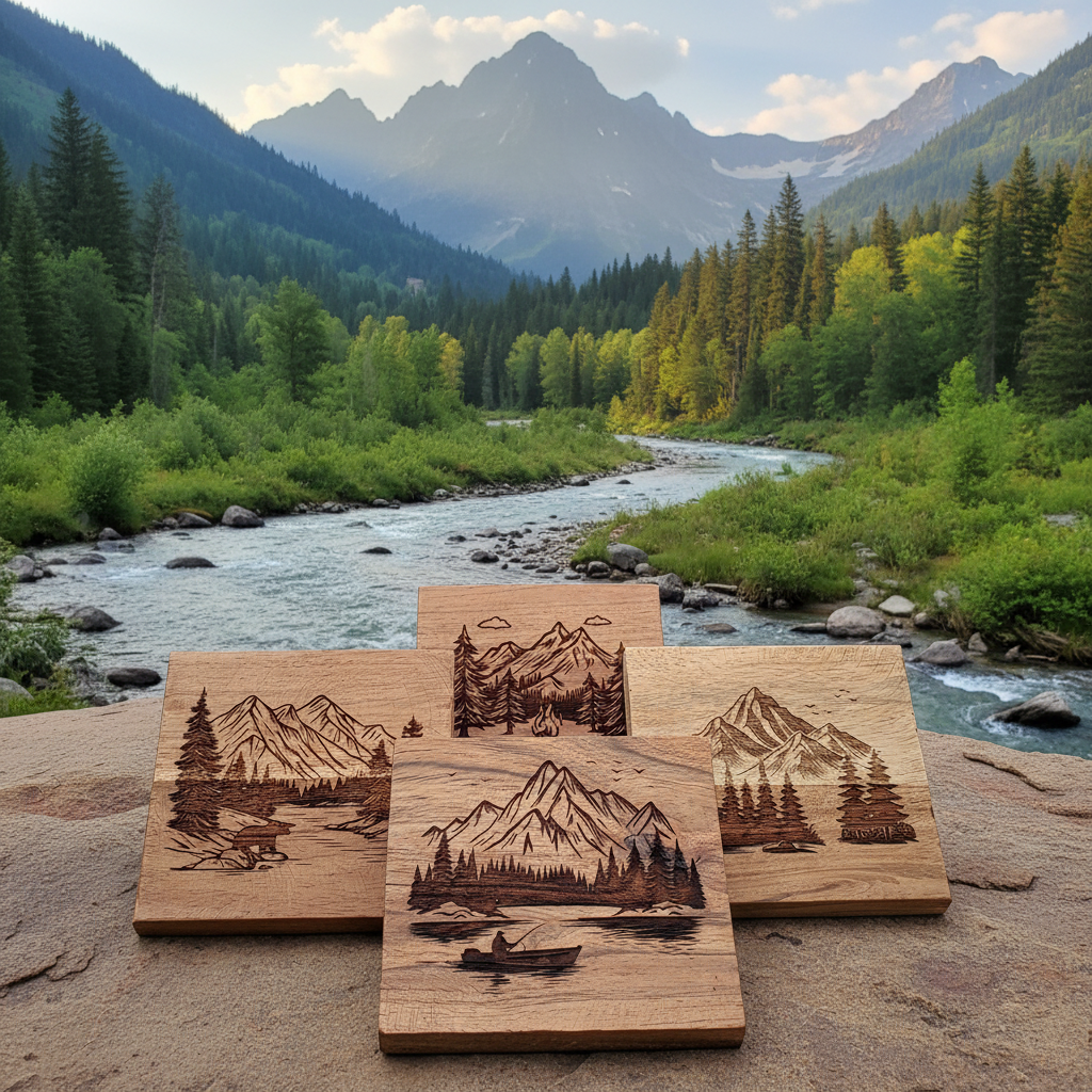 Four rectangular wooden coasters with engraved mountain and forest landscape designs, arranged overlapping on a white surface.