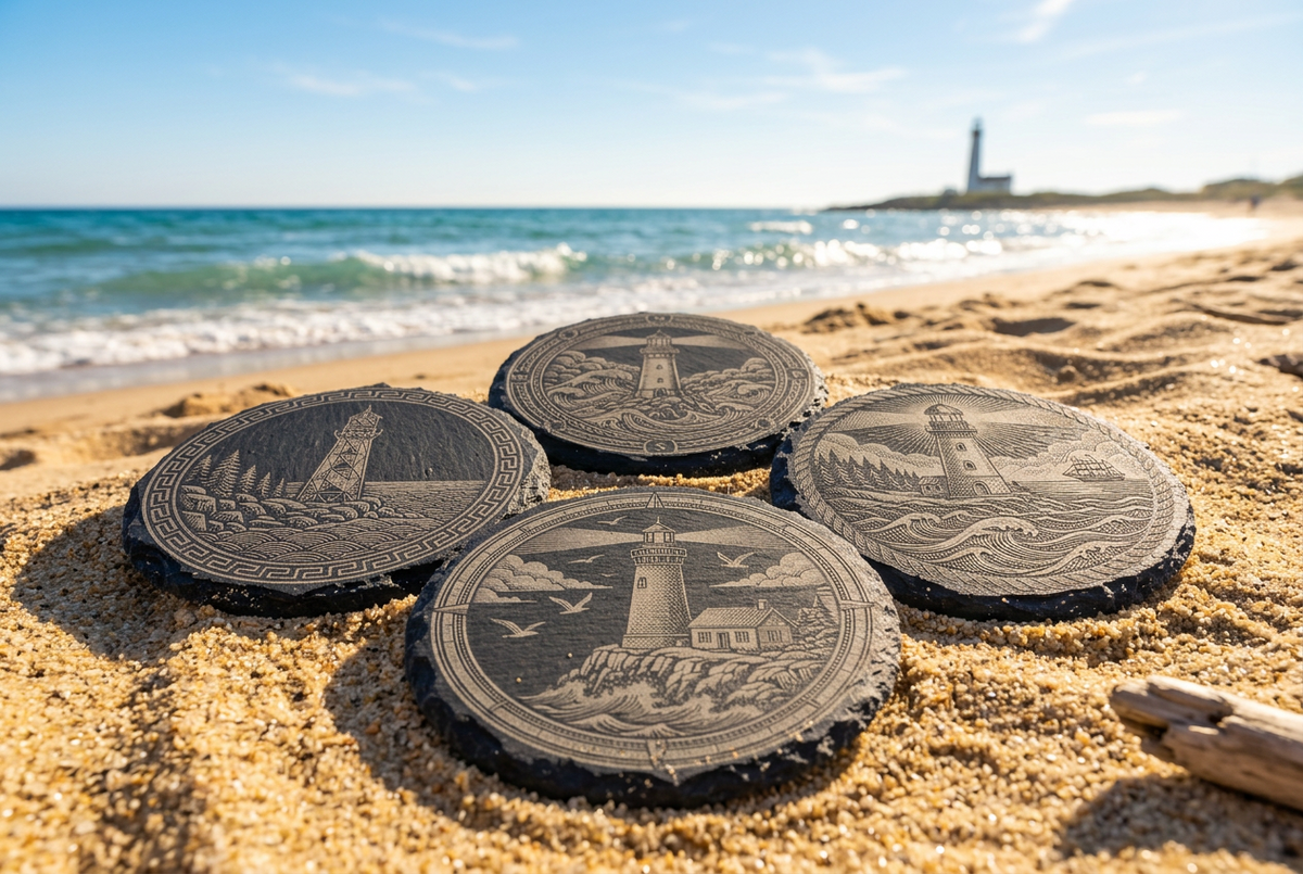 Four round dark gray slate coasters featuring engraved lighthouse and nautical scene designs, arranged on a plain white background.