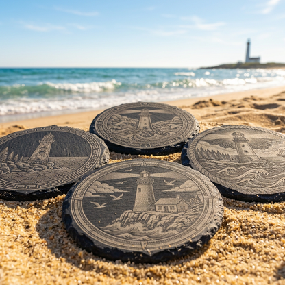 Nautical Lighthouse Slate Coaster Set (Qty 4) w/Holder