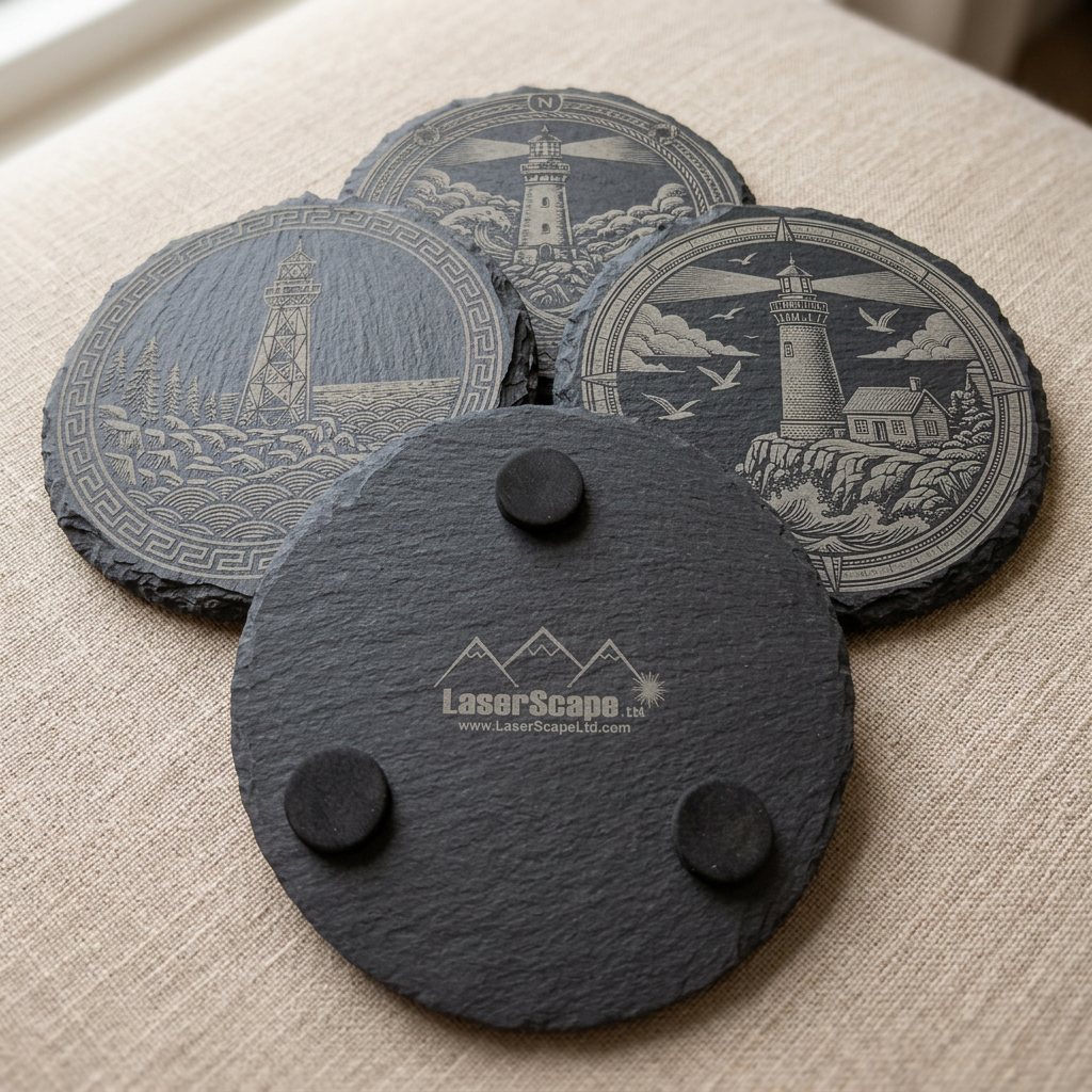 Nautical Lighthouse Slate Coaster Set (Qty 4) w/Holder