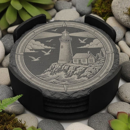 Nautical Lighthouse Slate Coaster Set (Qty 4) w/Holder