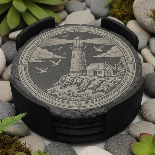 Nautical Lighthouse Slate Coaster Set (Qty 4) w/Holder