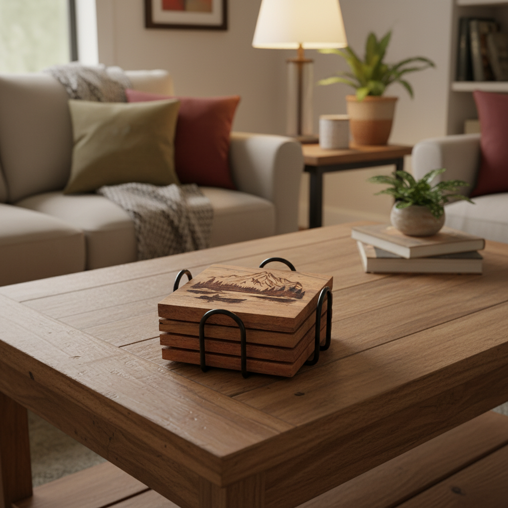 Set of wooden square coasters in a black metal holder sitting on a coffee table in a living room