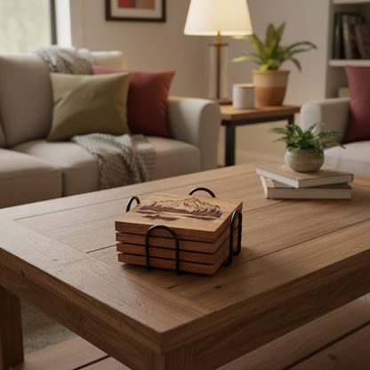 Set of wooden square coasters in a black metal holder sitting on a coffee table in a living room