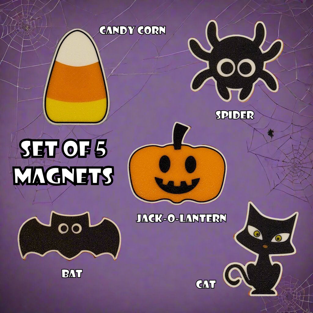 Halloween Magnets - Cat, Bat, Pumpkin Jack-O-Lantern, Spider & Candy Corn