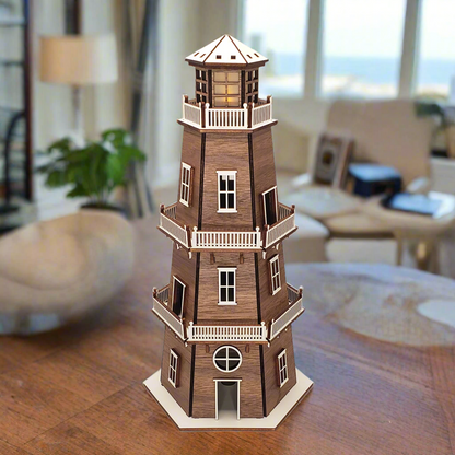 Walnut Veneer Premium Finish Lighthouse (11") w/White Trim & LED Light