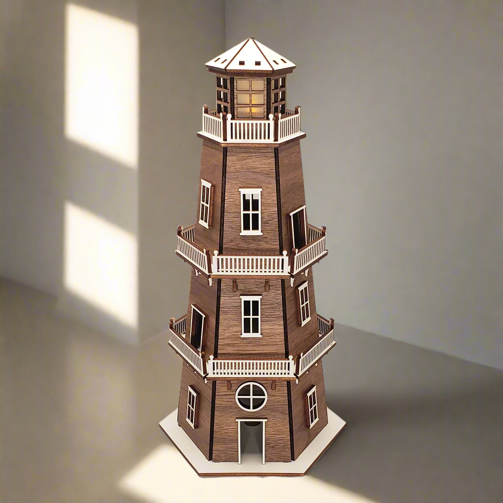 Walnut Veneer Premium Finish Lighthouse (11") w/White Trim & LED Light