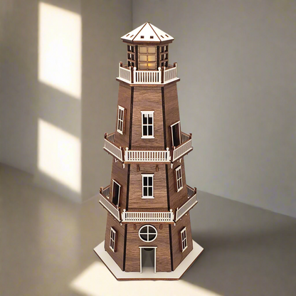 Walnut Veneer Premium Finish Lighthouse (11") w/White Trim & LED Light