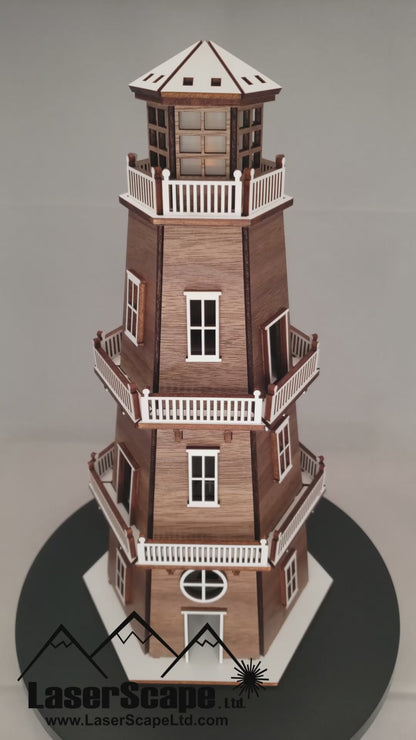 Walnut Veneer Premium Finish Lighthouse (11") w/White Trim & LED Light